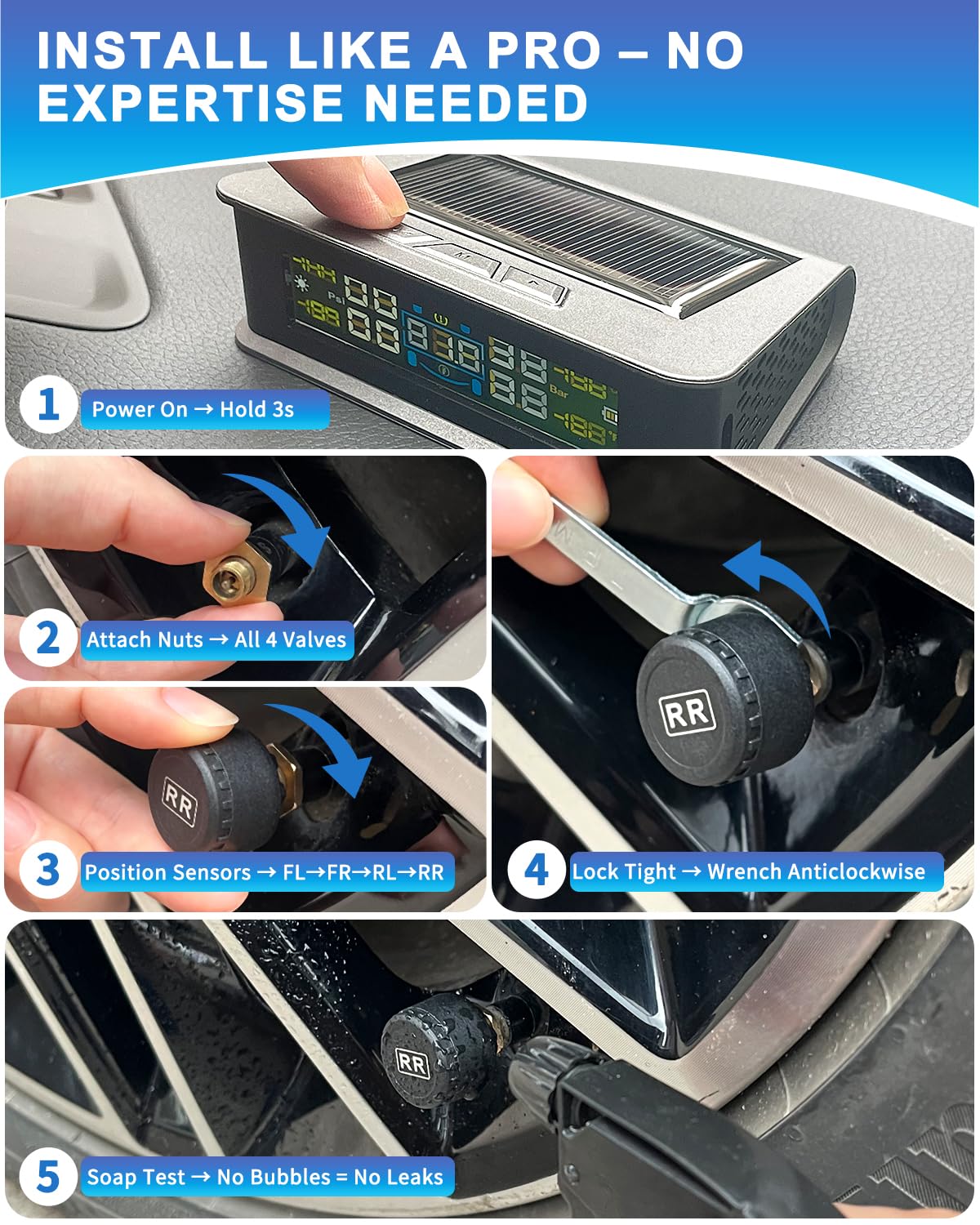 RV Tire Pressure Monitoring System (TPMS) - TPMS sensors set of 4 & 6 Alarm Modes | Solar/USB Charger | LCD Display | for RV/Truck/SUV/MPV/Sedan | TPMS Kit