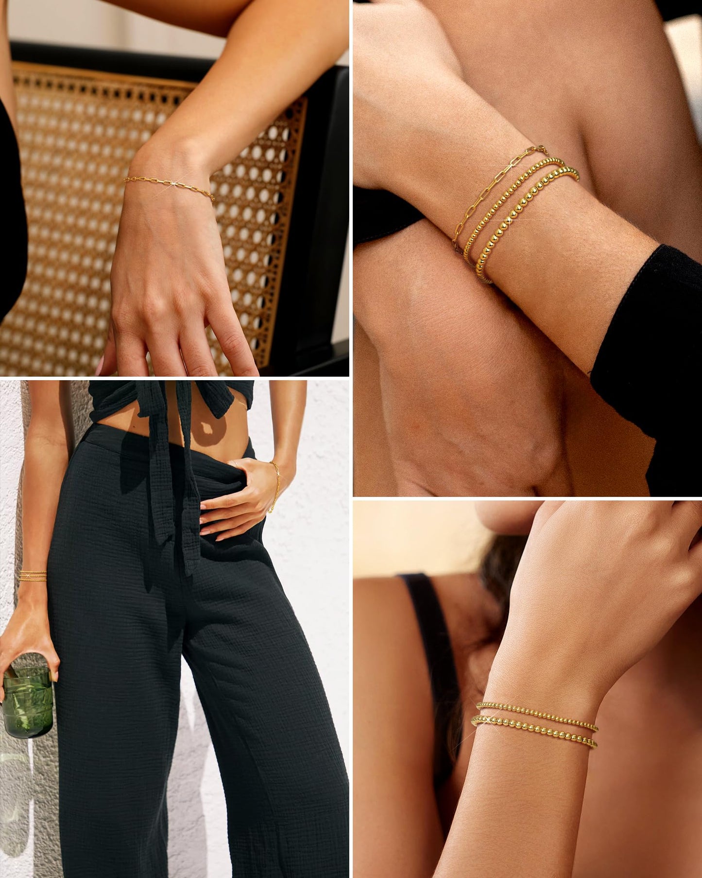 shownee Gold Beaded Bracelet for Women 14K Gold Plated Bracelets Gold Stretch Bead Ball Bracelets Hypoallergenic Stackable Bracelet Set 6.8 inch small Graduation Gift for Her Mothers Day Gifts for Mom