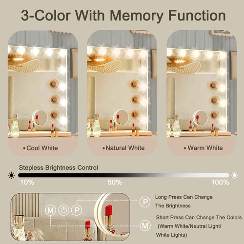 Ratsamee Hollywood Vanity Mirror with Lights, 15 Dimmable Bulbs, 3 Color Lights,Make Up Lighted Mirror, Aluminum Metal Frame, USB Charging Port（23" x 18"）