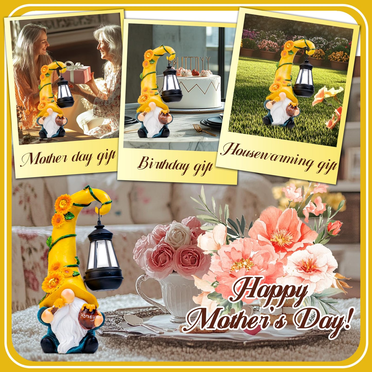 twinbling Garden Gnome Statue with Solar Lights Large Garden Sculptures Funny Bee Gnome Outdoor Patio Lawn Yard Garden Decor Birthday Gifts for Women Mom 12 in Summer Gnomes Outdoor