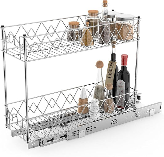 Narrow Pull Out Cabinet Organizer - 7" W x 21" D, 2-Tier Kitchen Cabinet Drawer Slide Out Shelves, Chrome
