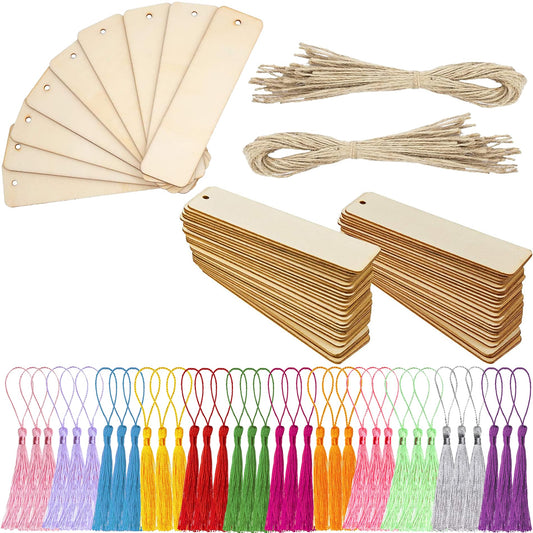 180 Pieces Wood Blank Bookmarks Set, BetterJonny 72 Pieces Craft Bookmark with 36 Pieces Tassels and 72 Pieces Ropes DIY Wood Book Marker Tags for DIY Craft Wedding Birthday Party Decor