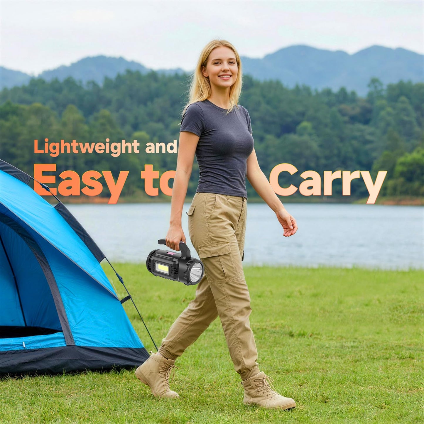 OGERY Rechargeable Flashlight, Multi-Tool Camping Lantern with 983LM, 9000 mAh Portable LED Camping Spotlight for Camping Emergency, Outdoor Hiking, Pink/Black