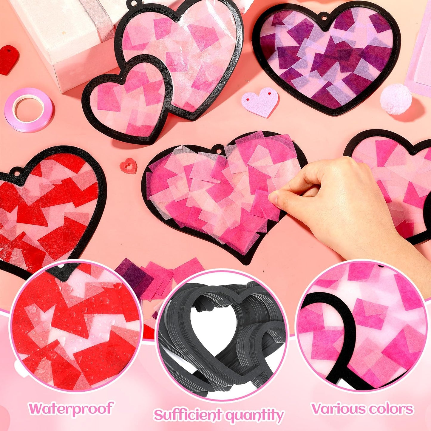 Qyeahkj 36 Set Valentine's Day Suncatchers Crafts for Kids DIY Valentines Day Love Heart Window Tissue Paper Craft Kit Hanging Decor for Classroom Home Activity Art Project Birthday Party Favor Gift