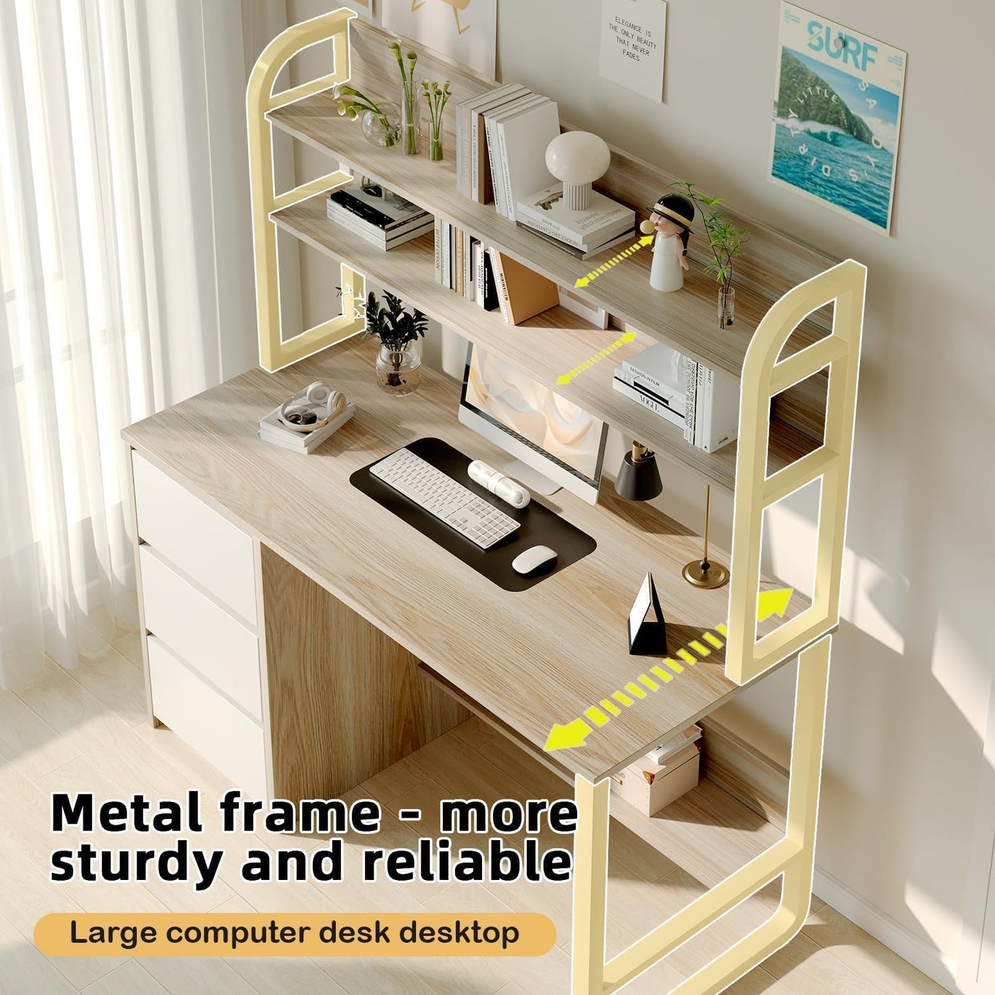 MaverickFurni Computer Desk with Hutch, 47 Inch Small Desk with 3 Drawers for Bedroom, Study Writing Desk with Shelves for Small Spaces, Adjustable Feet, White and Walnut