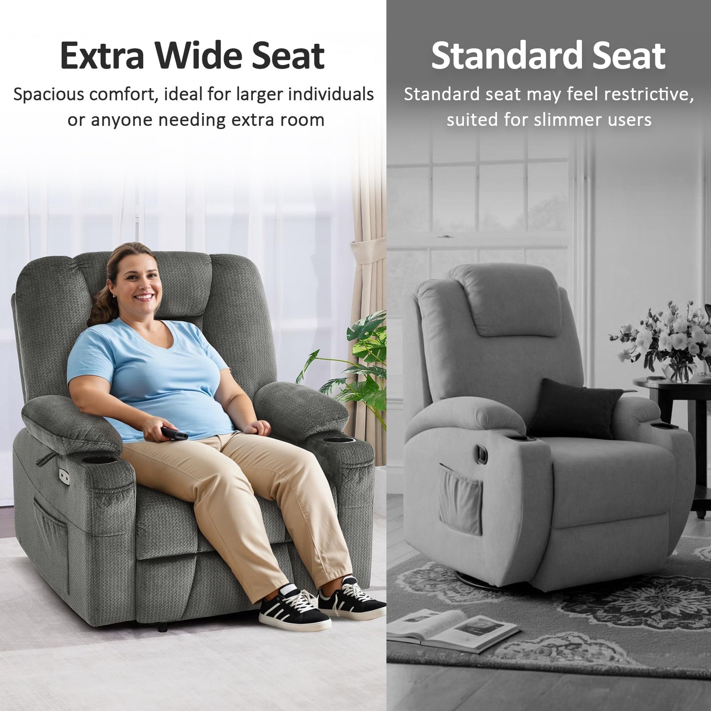 MCombo Oversized Power Lift Recliner Chair Sofa with Massage and Heat for Elderly People Petite, USB Ports, Side Pockets, Fabric R7561 (Grey, Small-Oversize)
