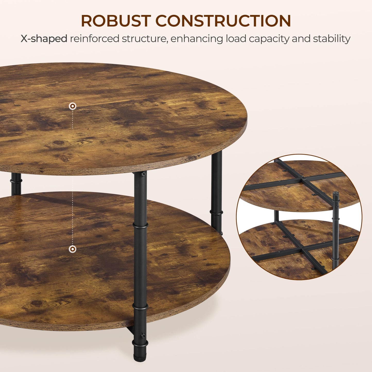 Yaheetech Round Coffee Table, 2 Tier Coffee Table with Storage, Modern Center Tables for Living Room, Easy to Assemble, 35.5 x 18 Inches Rustic