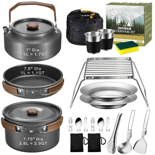 18Pcs Camping Cookware Mess Kit, Joyfair 7.8” Nonstick Camp Cooking Utensil Set (Pot, Pan, Kettle, Grill Grate), Outdoor Backpacking Gear Open Fire Essentials Accessories, Compact/Portable/Lightweight