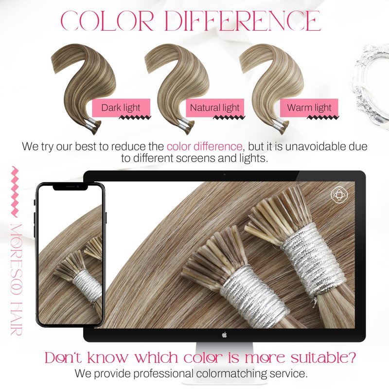 Moresoo I Tip Hair Extensions Human Hair, Light Brown with Platinum Blonde Highlights, 20 Inch 40G 50 Strands, Long Straight Elegant Blend, for Wedding and Special Events