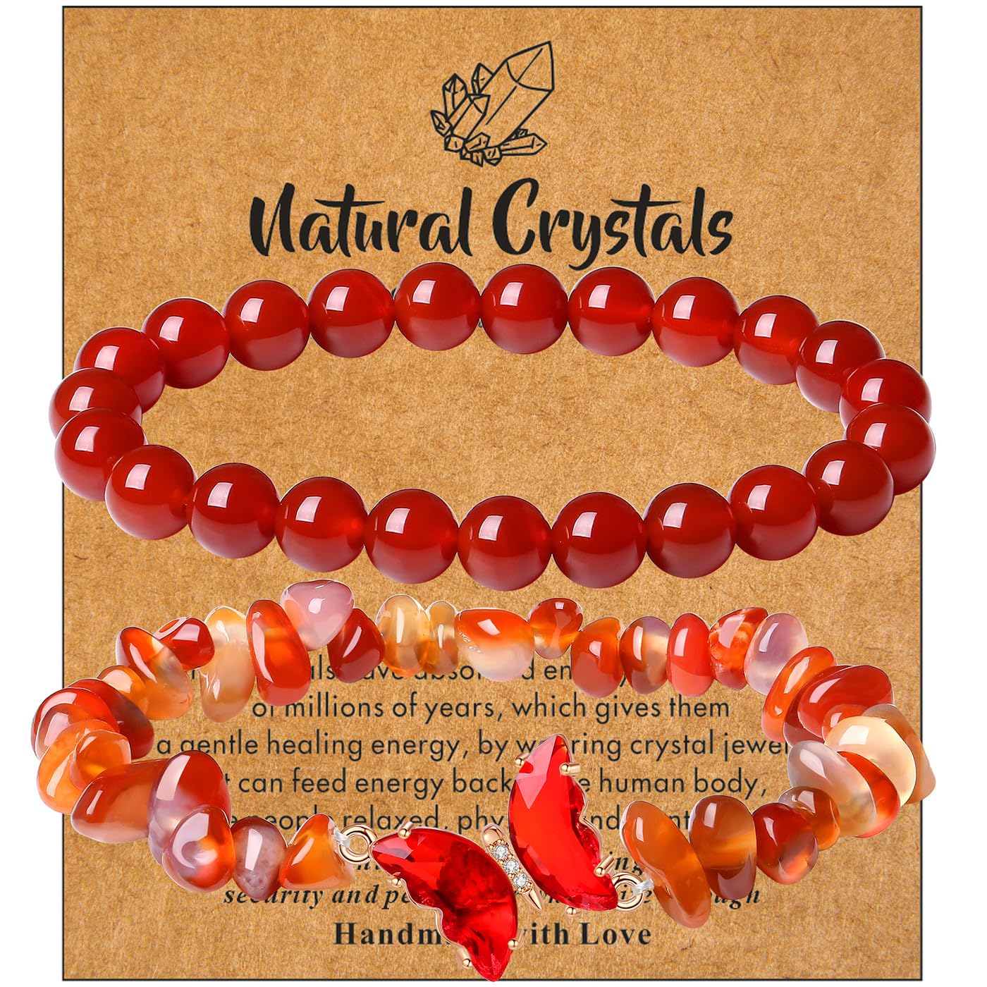 DUQGUHO 2Pcs Red Carnelian Bracelet for Women Butterfly Bracelet Gift for Women Healing Crystal Bracelet Natural Red Agate Jewelry 8mm Red Crystal Beaded Bracelet Gift for Birthday