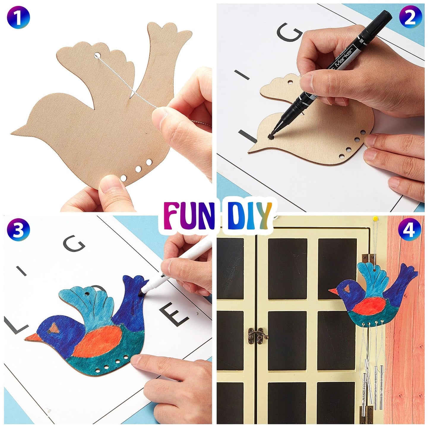 Taiyin 24 Pieces Bird Wooden Wind Chime Craft Kit for Kids DIY Make Your Own Wind Chimes Decorative Wooden Hanging for Classroom Outdoor Garden Patio Balcony Arts Crafts Supplies