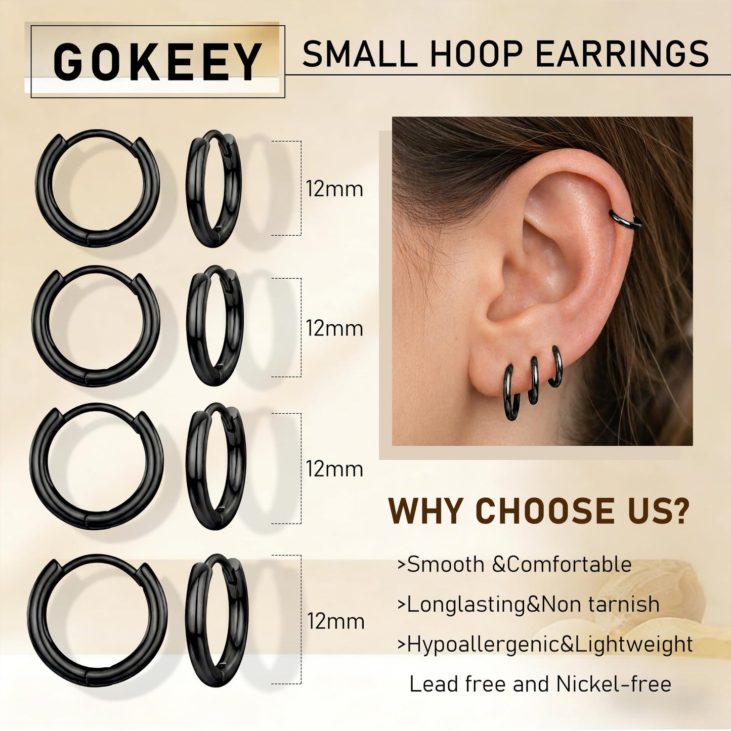 Gokeey Small Gold Huggie Hoop Earrings Set for Women 14K Gold Plated Hypoallergenic Lightweight Earrings for Sensitive Ears Everyday Earrings for Cartilage Piercings (12mm/12mm/12mm/12mm, Black)