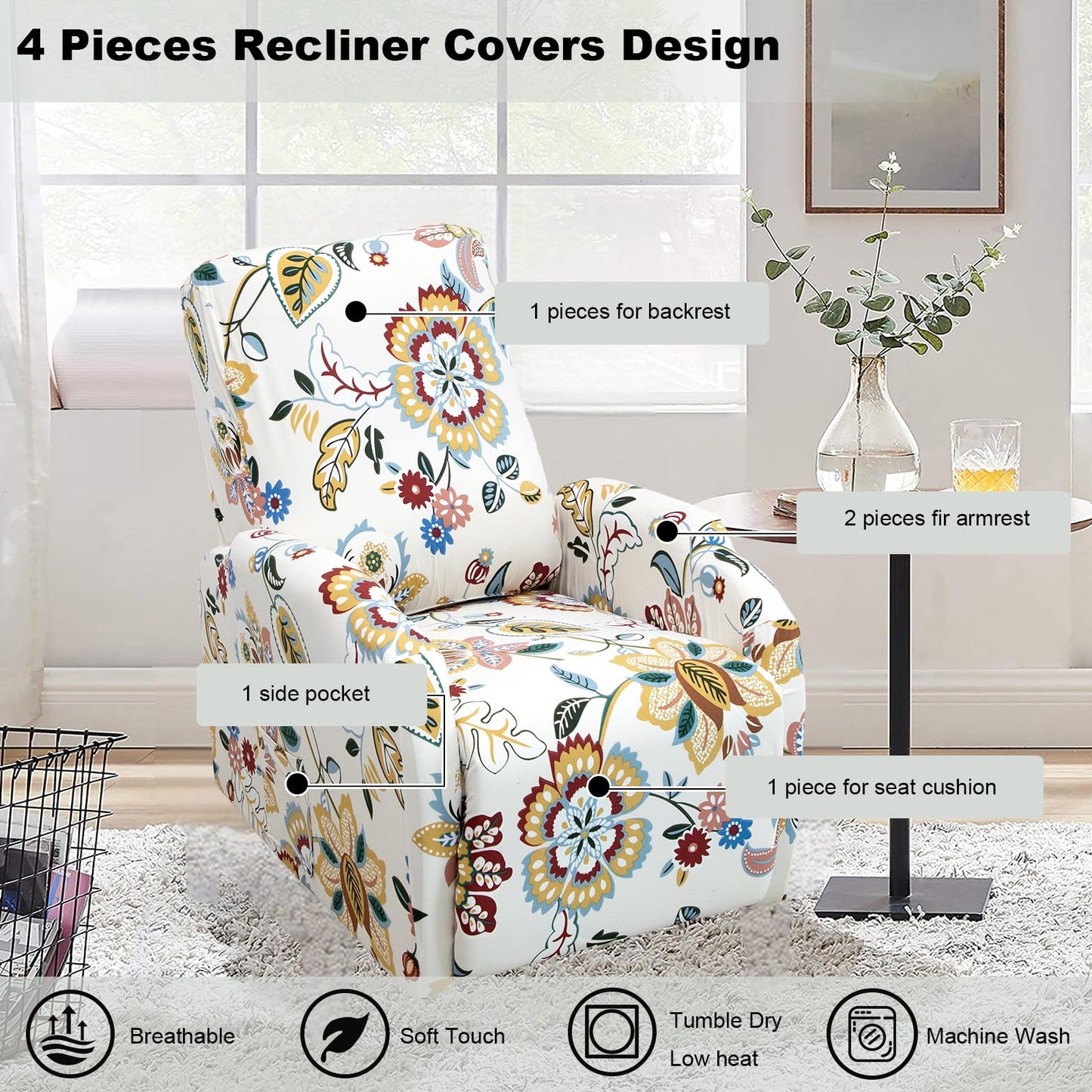 CRFATOP Recliner Chair Covers 4 Pieces Printed Small Reclining Slipcovers with Pocket Stretch Recliner Couch Slipcovers for Home Theater 1 Seat Recliner Sofa Cover for Kids Dogs Pets,01