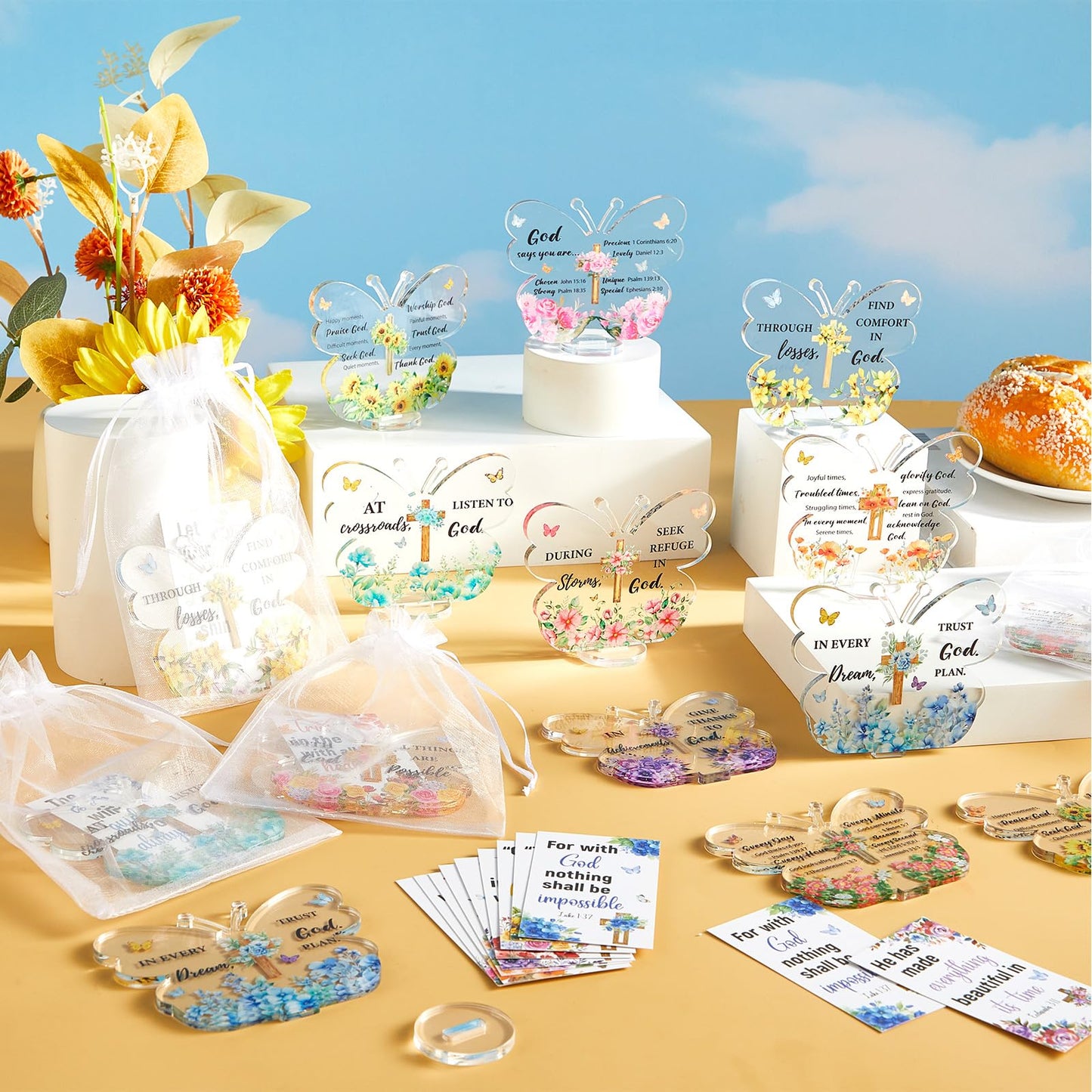 20 Sets Butterfly Acrylic Sign with Stand Christian Gifts Bulk Religious Bible Verse Desk Decor with Cards Organza Bags Inspirational Church Gift for Women Mother Girls Birthday Party Favor Faith Gift
