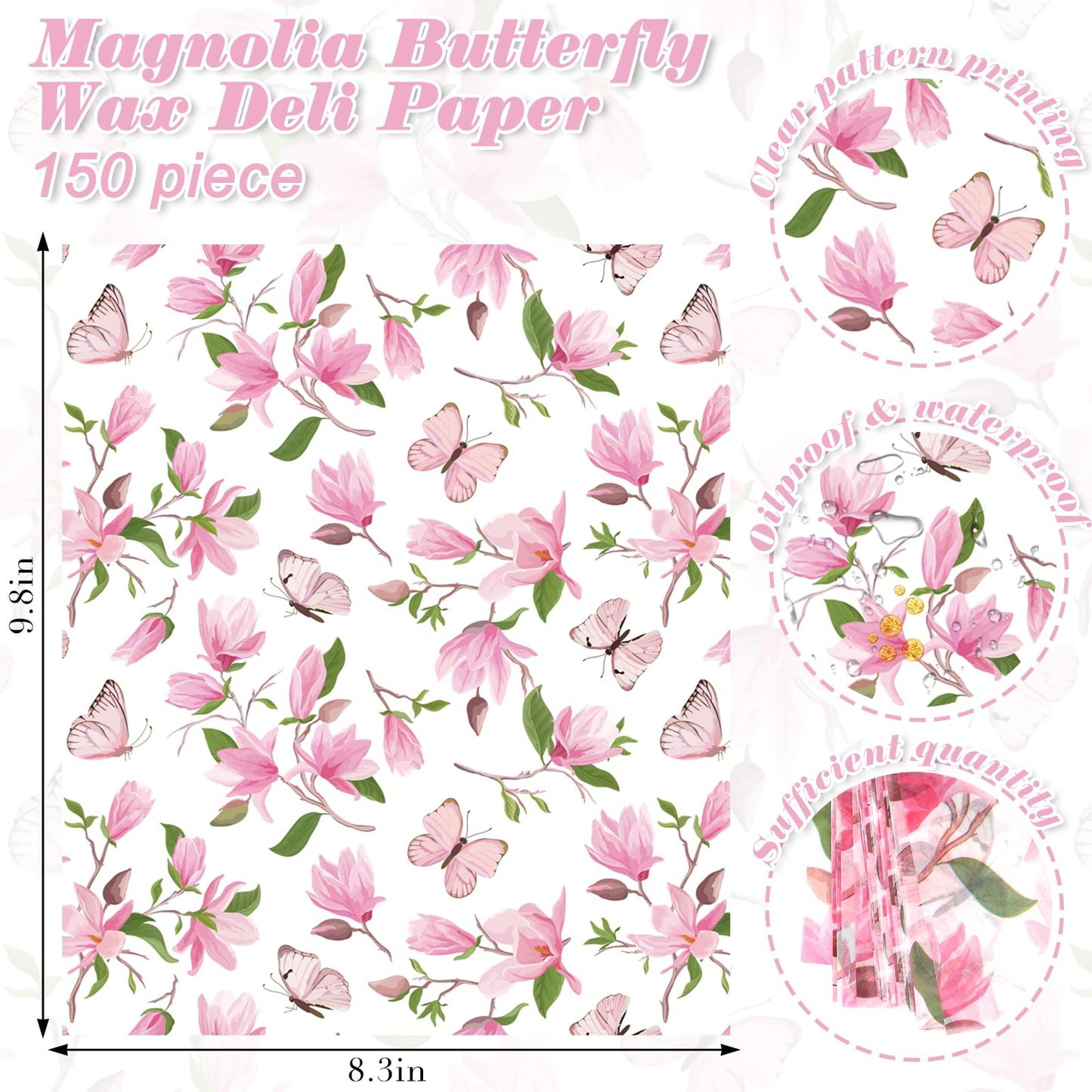150 Sheets Watercolor Magnolia Butterfly Deli Paper, 9.8 x 8.3in Magnolia Blossom Pattern Grease Resistant Proof Sandwich Wrap Paper Liners Greaseproof for Home Kitchen