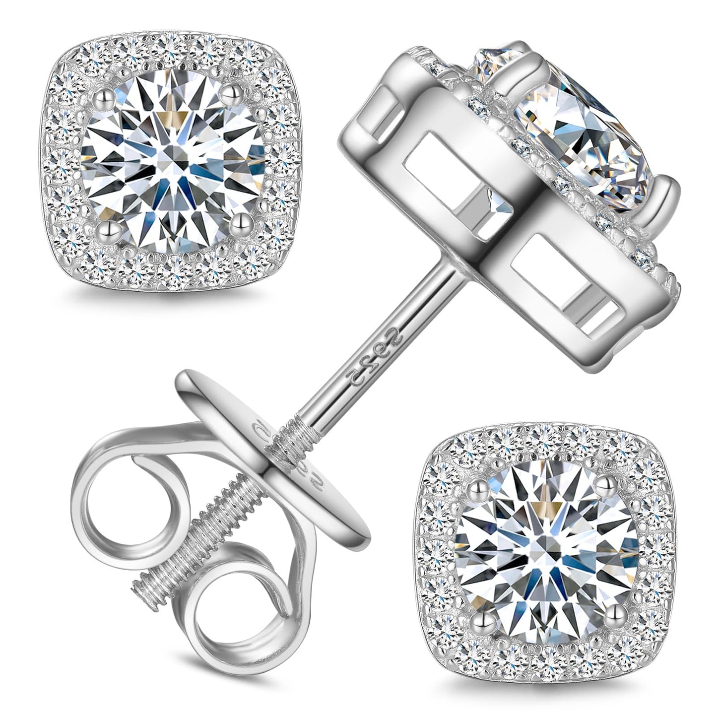 Gugots Moissanite Halo Square Stud Earrings Screw Back 925 Sterling Silver Lab Brilliant D Color VVS1 Clarity Hypoallergenic Earrings for Women Men 18K White Gold Plated 0.8CT 6MM*2