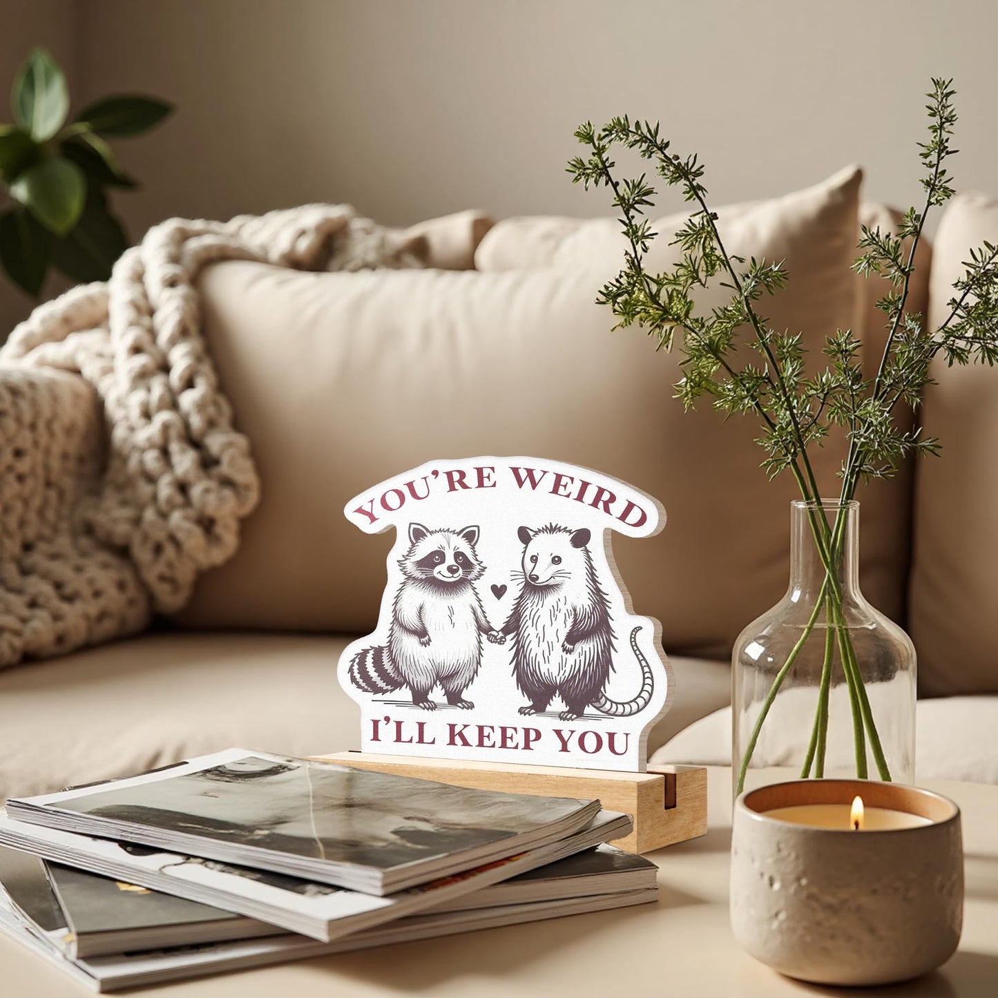 DEQSX You Are Weird I’ll Keep You Humorous Sarcastic Wooden Sign Decor, Cute Funny Raccoon Opossum Meme Shaped Wooden Sign Plaque with Stand for Home Office Desk Table Shelf Decor, Funny Office Gifts
