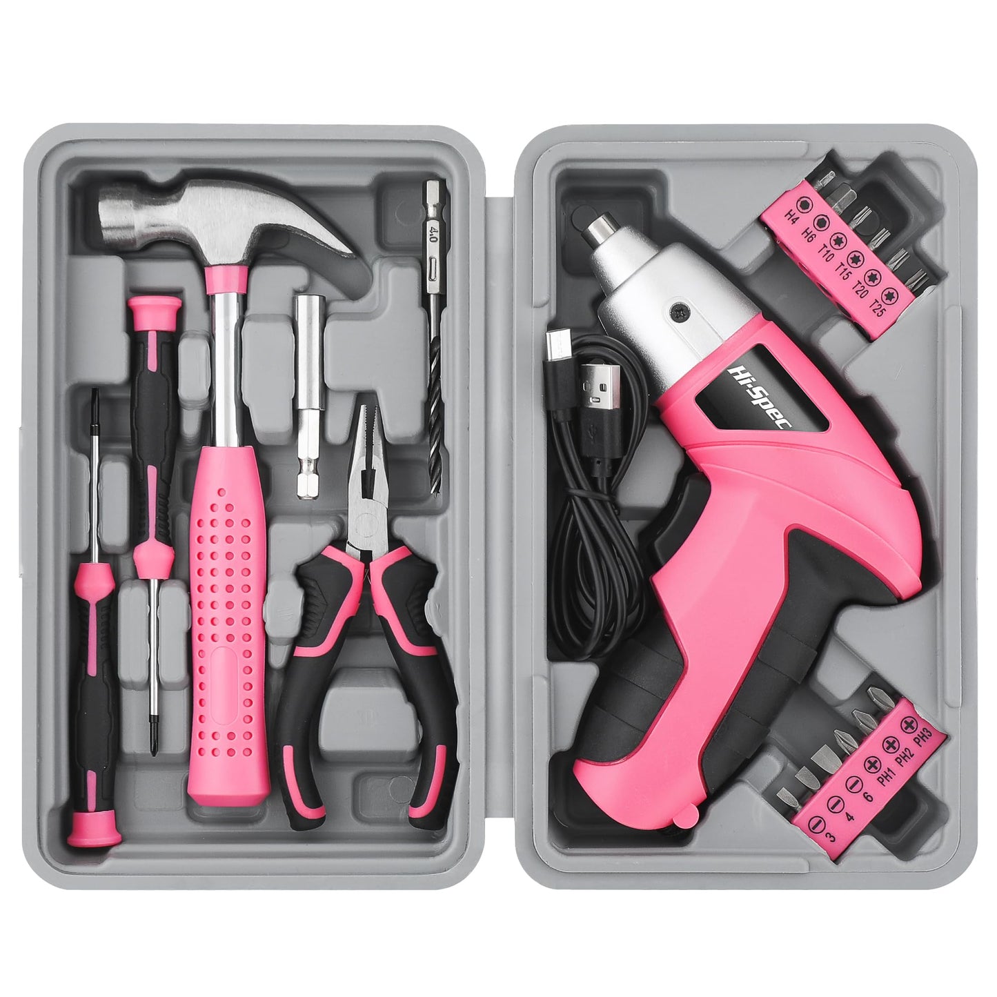 Hi-Spec Cordless Electric Screwdriver, Power Screw Driver Set with Pink Compact Tool Kit for Small Repair and Maintenance- Ideal Housewarming Gift,19 Piece