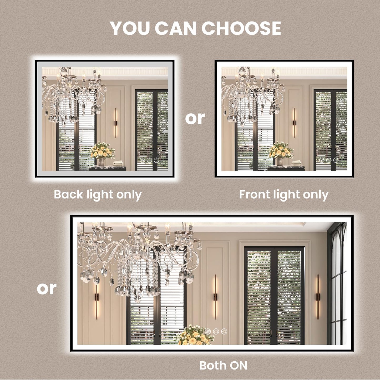 Amorho 48" X36" LED Bathroom Mirror with Black Frame, Front Light and Backlit(Controlled Separately), Stepless Dimmable, Anti-Fog, Shatter-Proof, 3 Colors, Memory