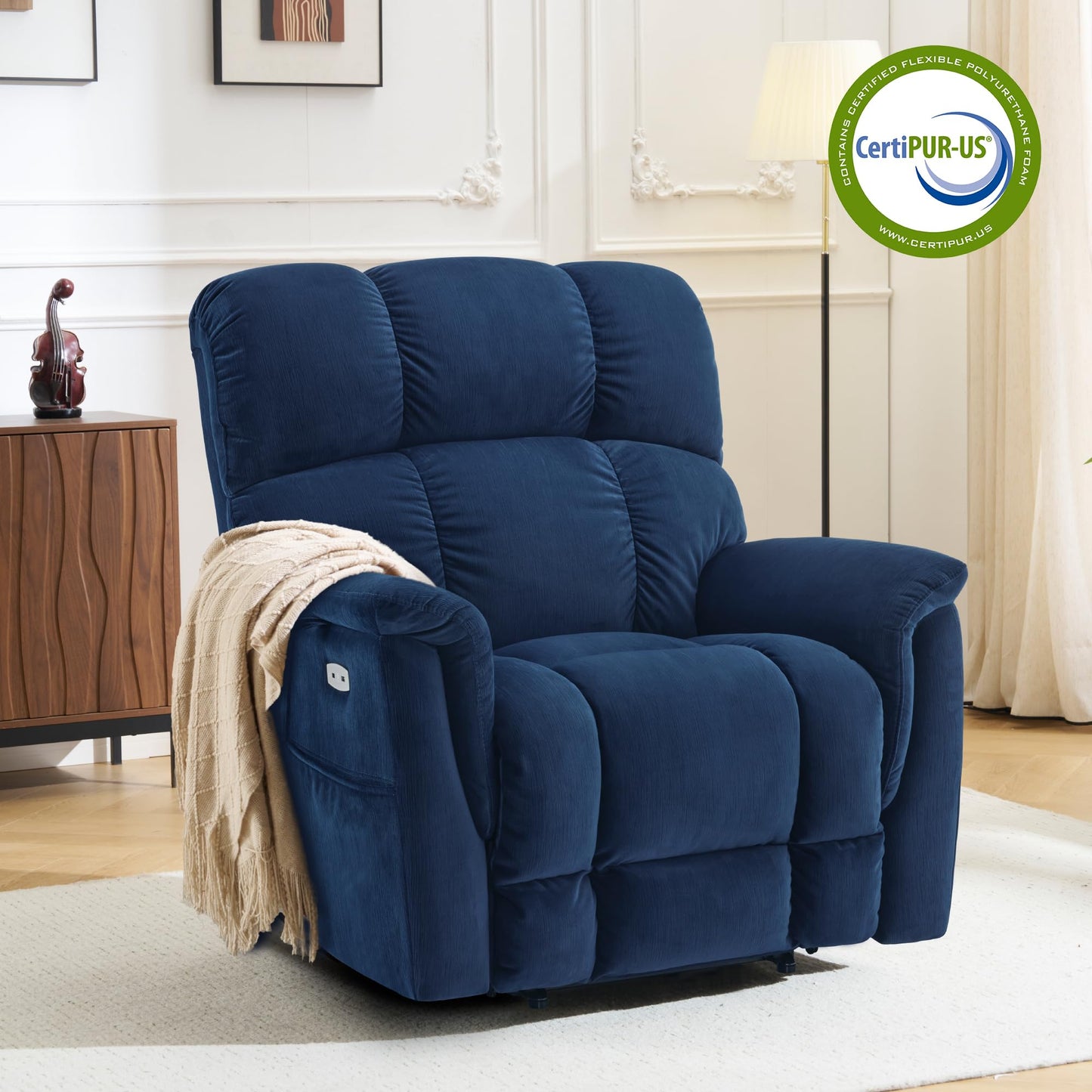 MCombo Large-Wide Dual Motor Power Lift Recliner Chair, Massage and Dual Heating for Elderly People, Infinite Position, Fabric R7166 (Navy Blue)