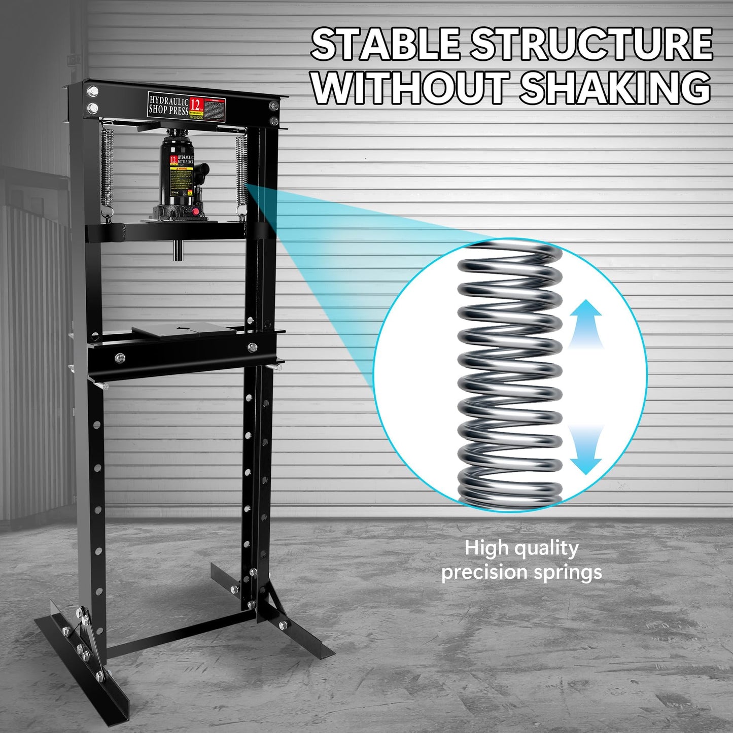 GarveeTech 12 Ton Shop Press, H-Frame Garage Floor Adjustable Hydraulic Shop Press with Stamping Plates to Bend, Straighten, Or Press Parts, Install Bearings & U-Joints