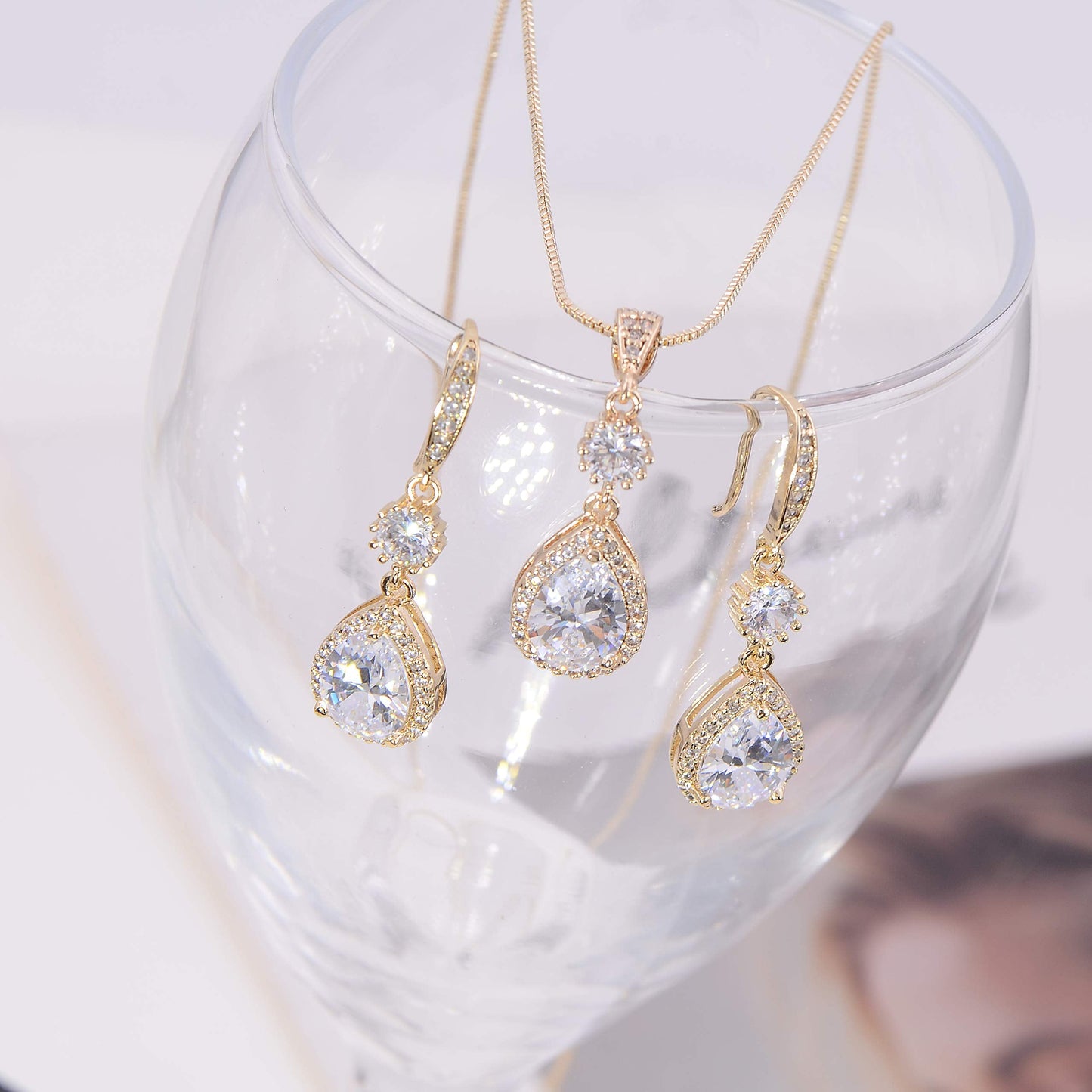 AMYJANE Bridal Jewelry Set for Wedding - 18k Gold Plated Sterling Silver Teardrop Cubic Zirconia Crystal Drop Earrings and Necklace Set for Bride Bridesmaids Mother of Bride Prom Party