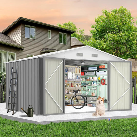 12x10 FT Outdoor Storage Shed, Large Metal Garden Storage Shed with Sloped Roof, Lockable Door, Durable Steel Tool Shed for Lawn Equipment, Backyard, Patio, Yard Organizer, Grey
