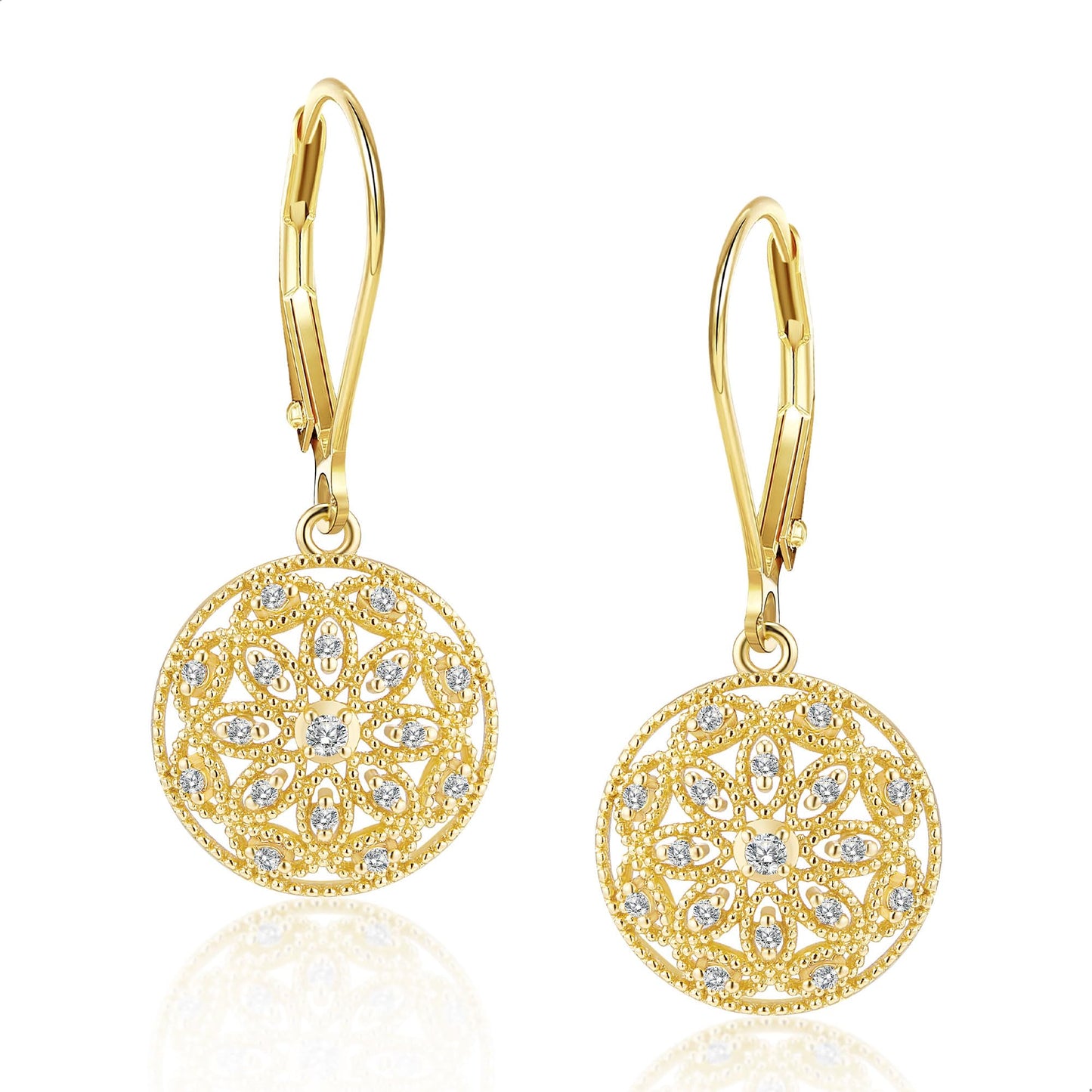 LANCHARMED Gold Earrings for Women - Diamond Cubic Zirconia Circle Drop Dangle Earrings 14K Gold Dangle Earring Hypoallergenic Leverback Circle Filigree Diamond Earings for Women Jewelry Gifts