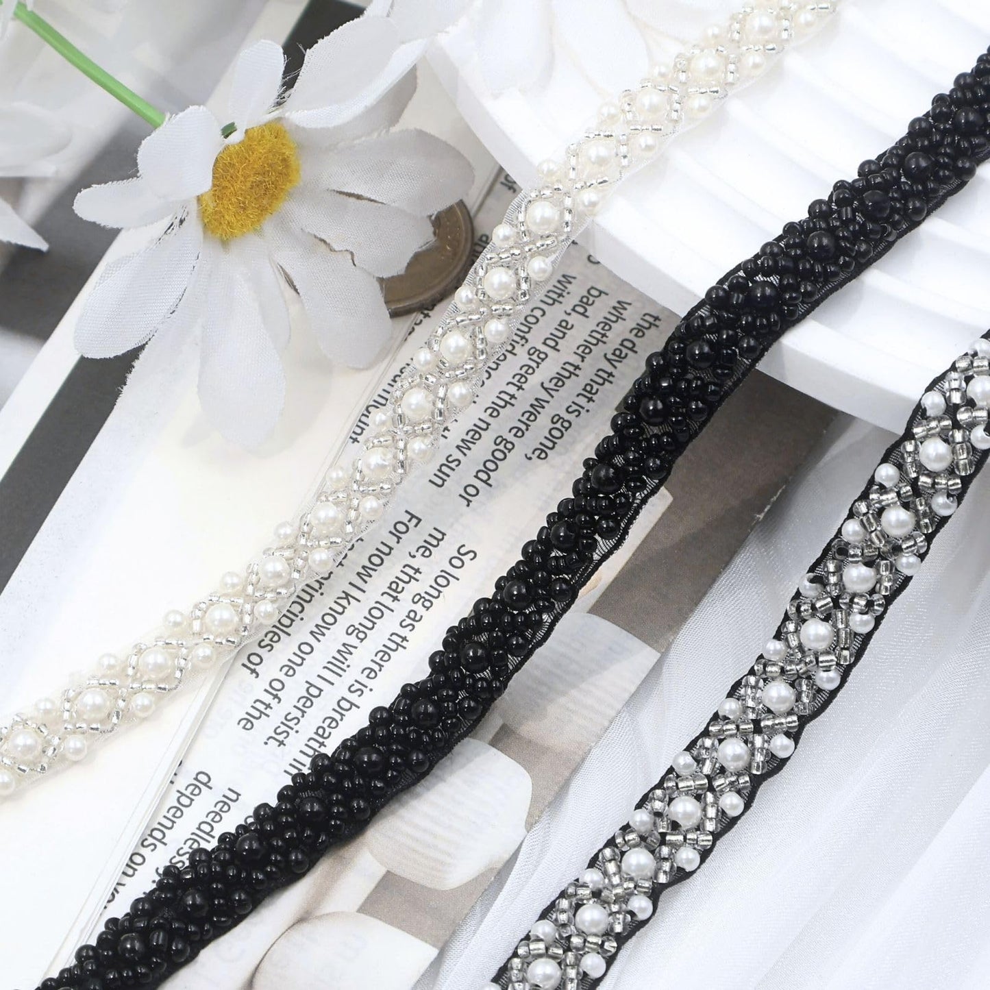 Bijou Joon 5 Yards White Pearl Trim Beaded Trim Beaded Lace Ribbon Edge Border Fabric Bridal DIY for Craft Wedding Dress Embellishments Women Vake Decoration
