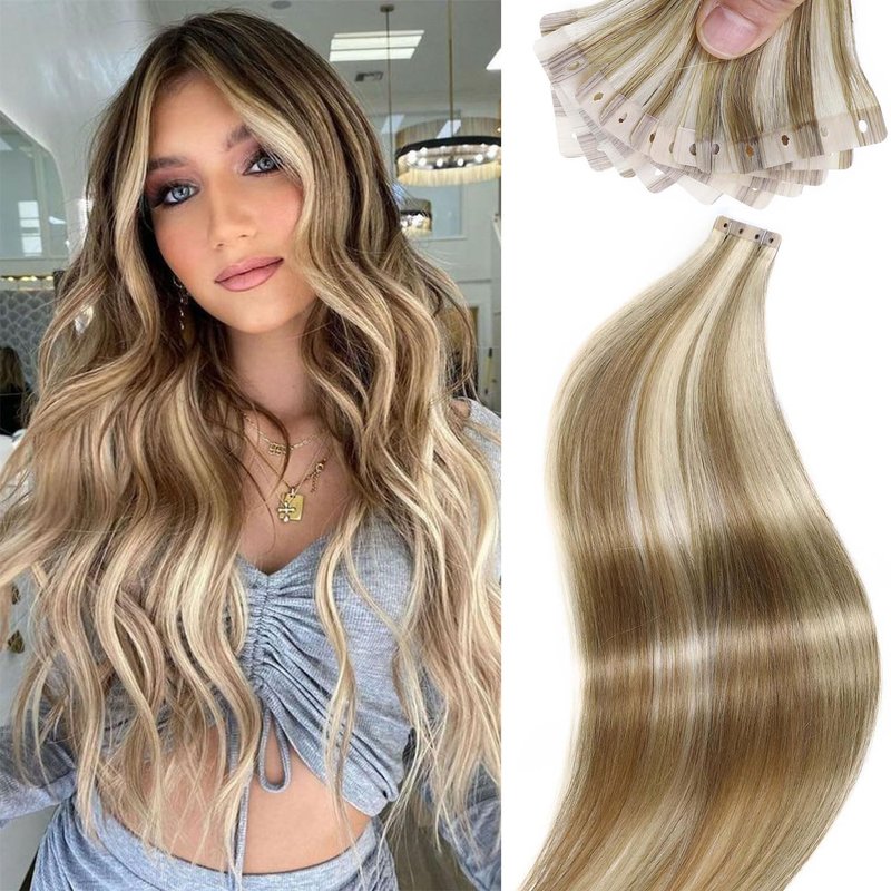 FANCEE OVO Hair Extensions Real Human Hair PU Holes Wefts with Micro Beads Blonde Highlight Volume Upgrade Butterfly Seamless Weft Invisible Beaded Hair Extension with Tools(40g 20Pcs, 14 Inch)