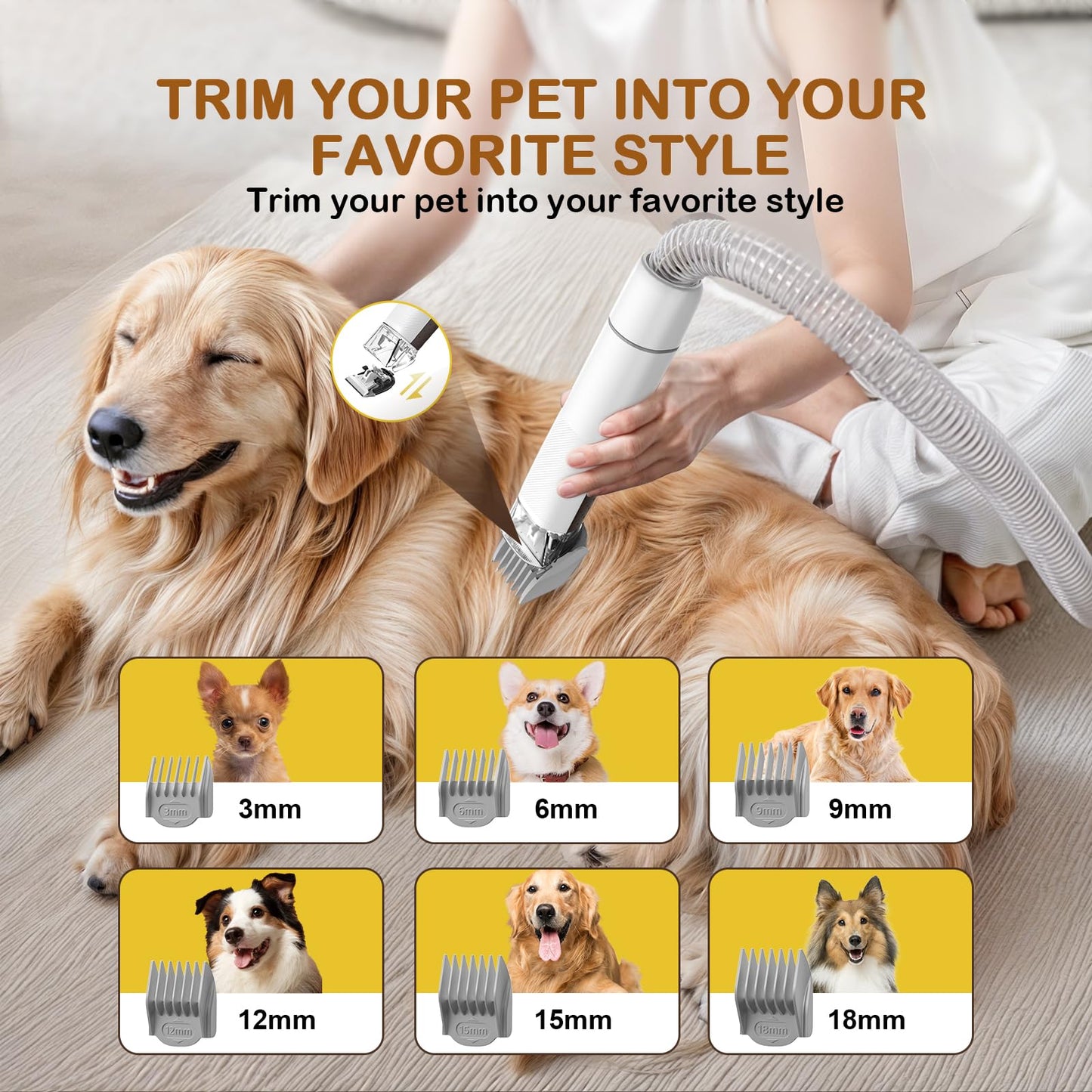 Dog Grooming Vacuum, Dog Grooming Kit with Pet Clipper Nail Grinder, 6 Pet Grooming Tools (Tawny)
