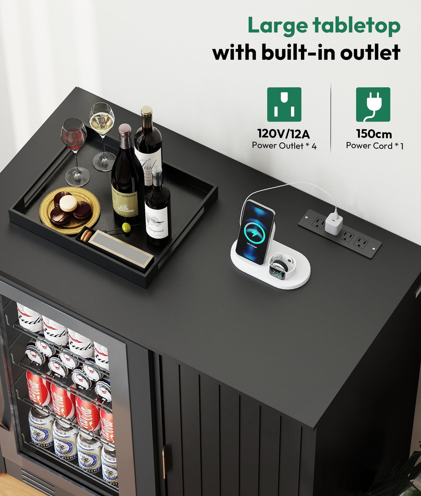 Lamtor Coffee Bar with Mini Fridge Space - Snack Bar Cabinet with Power Outlet, Fluted Mini Fridge Cabinet with Adjustable Shelf for Kitchen Dining Room Living Room, Black