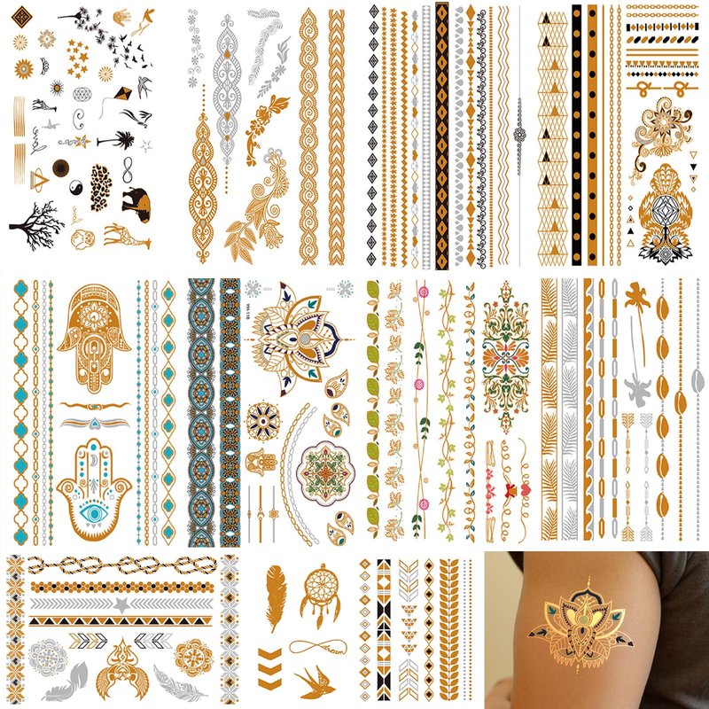 10 Sheet Gold Silver Metallic Temporary Tattoos for Adult Women, Gold Silver Glitter Flash Waterproof Tattoo Stickers for Beach, Festivals,Parties Tattoos Decorations Q976