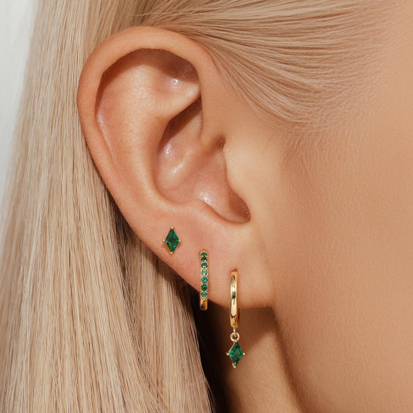 Angelady Gold Hoop Earrings Set for Women, Dainty 14K Gold Plated Green Huggies Earring, Hypoallergenic Dangle Cartilage Huggie Hoop Earring Stacks, Emerald Green Earrings Trendy Jewelry Gifts
