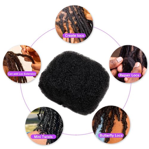 JIFFYLOCS Tight Afro Kinky Bulk Human Hair for Dreadlock Extensions, 100% Human Hair,120Gram 12 Inch 4 Bundles/Pack Natural Black #1B,Repair Extensions,Making Locs or Braids, with Needles and Hairpin