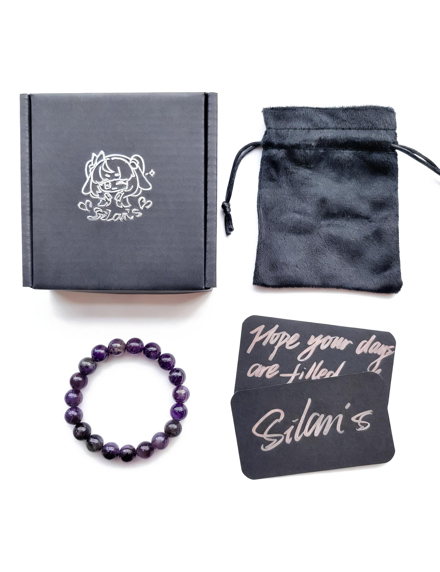 Silan's Natural Amethyst Bracelet for Women, Genuine Healing Crystal Stretch Elastic Adjustable Bracelet with Lucky Card, Gift for Her (10mm)