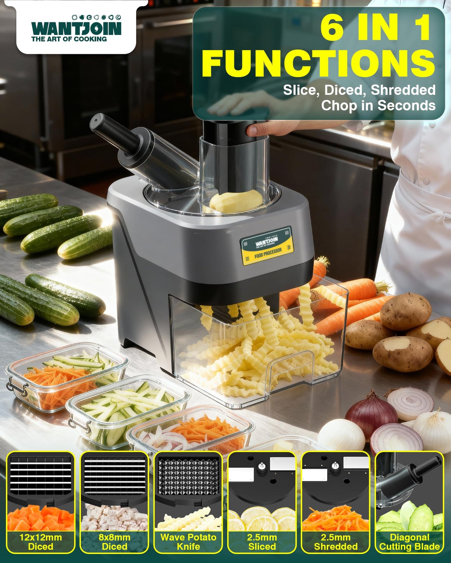 WantJoin 6 in 1 Electric Vegetable Chopper - Multifunctional Commercial Food Processor w/Magnetized Tray, Stainless Steel Blades for Slicing,Dicing,Chopping,Shredding,Wave Cutting,Diagonal Cutting