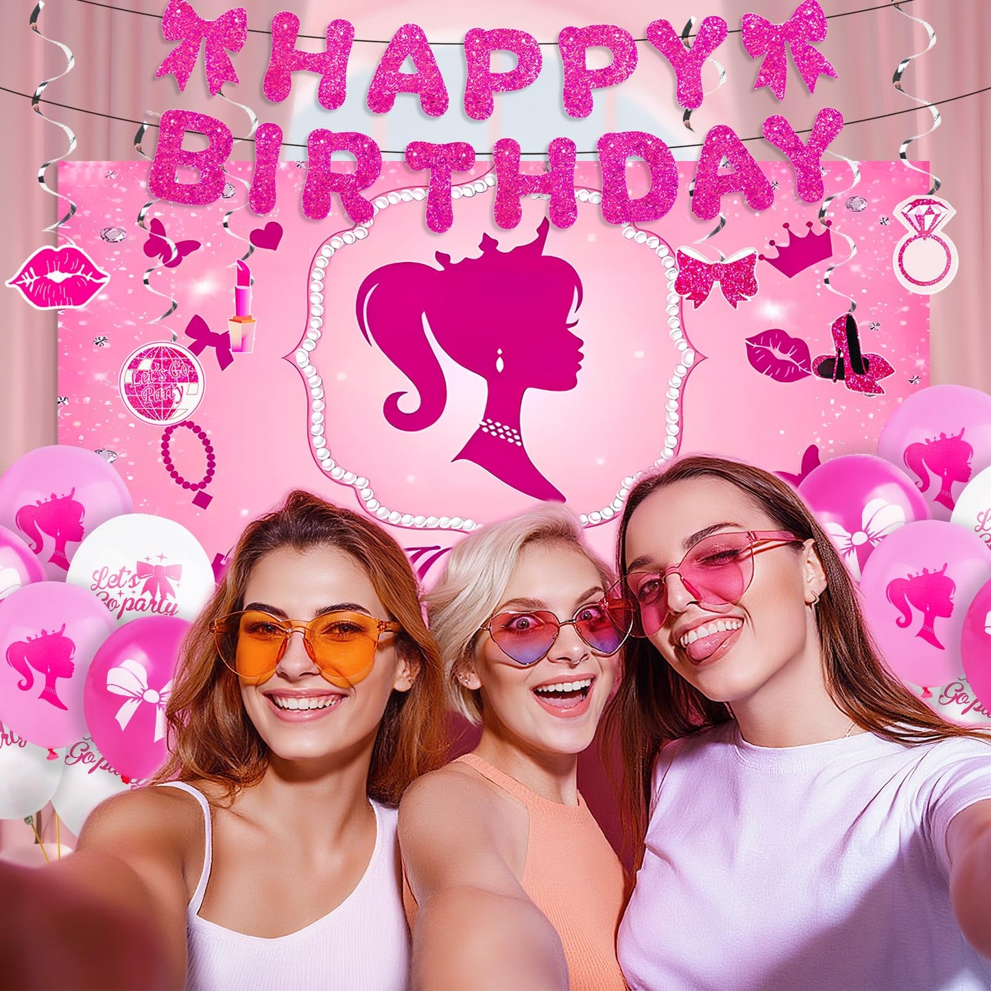 Hot Pink Birthday Party Decorations Supplies, with Pink Glitter Happy Birthday Banner, Backdrop, Balloons, Hanging Swirls, Cake & Cupcake Toppers for Kids, Girls and Women