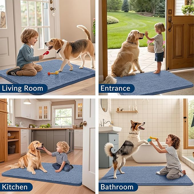 Smiry Dog Door Mat for Muddy Paws 59x35, Absorbs Moisture and Dirt Doormat, Non-Slip Washable Quick Dry Chenille Front Door Mat Indoor Entrance, Entryway Carpet for Inside Floor, Airy Blue