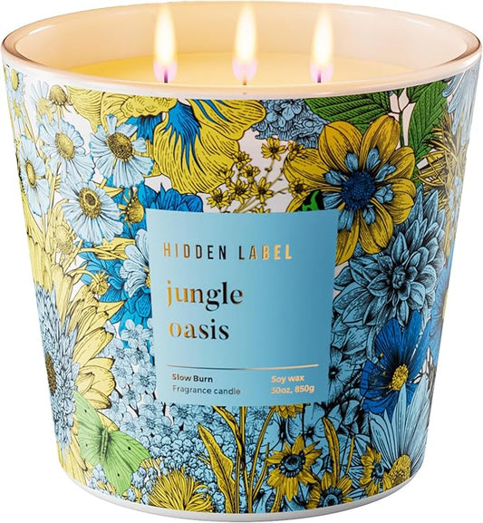 Hidden Label Jungle Oasis Scented Candle, 3 Wick Large Candles for Home, 30oz Natural Soy Candles for Home Scented,100 Hour Burn Time, Long Lasting Highly Scented Luxury Candle Gift