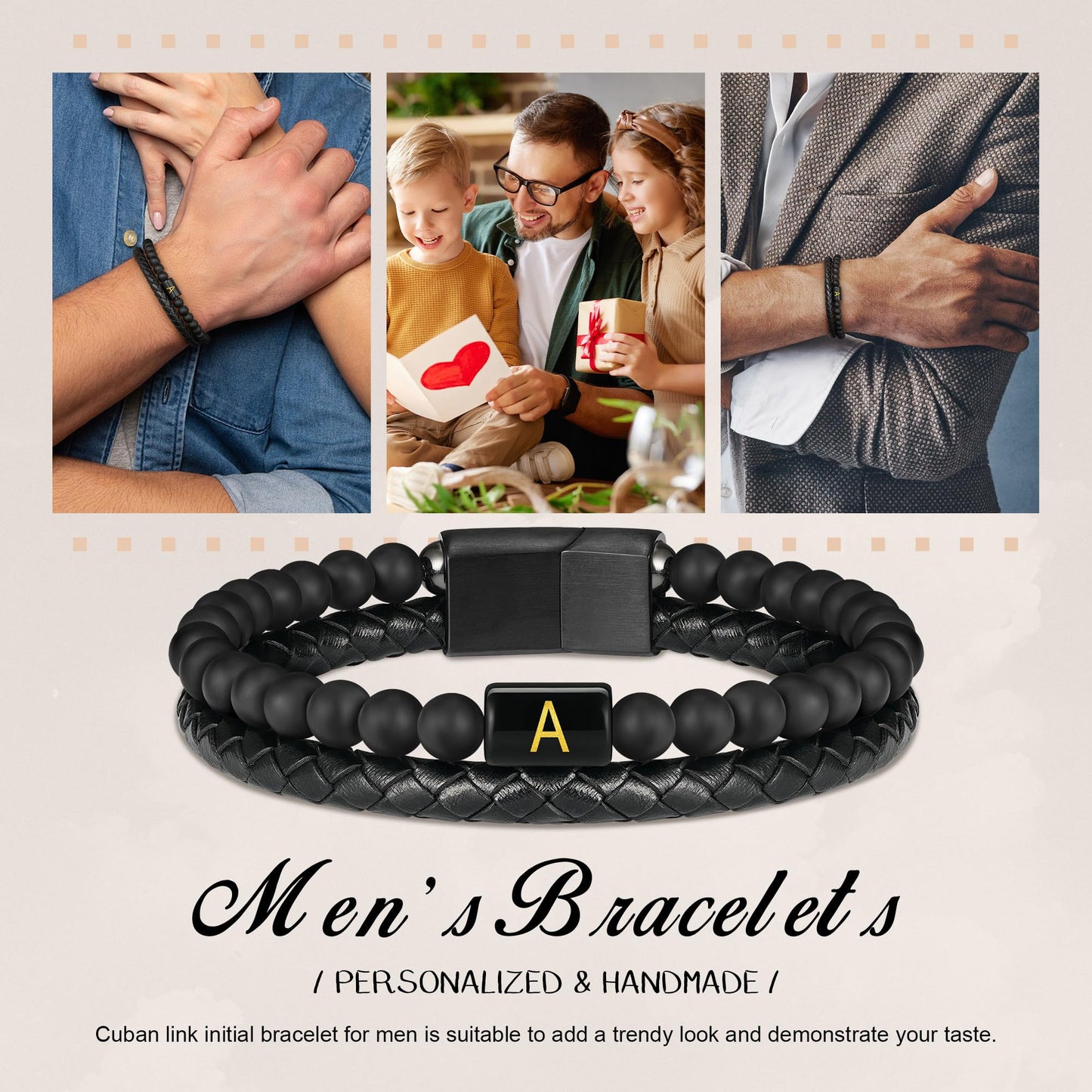 Leather Bracelets for Men with Initial - Men Gifts Matte Agate Bead Magnetic Clasp Gift for Husband Black Mens Leather Bracelets Men's Initial I Bracelet for Men's Jewelry Mens Gifts for Dad Husband