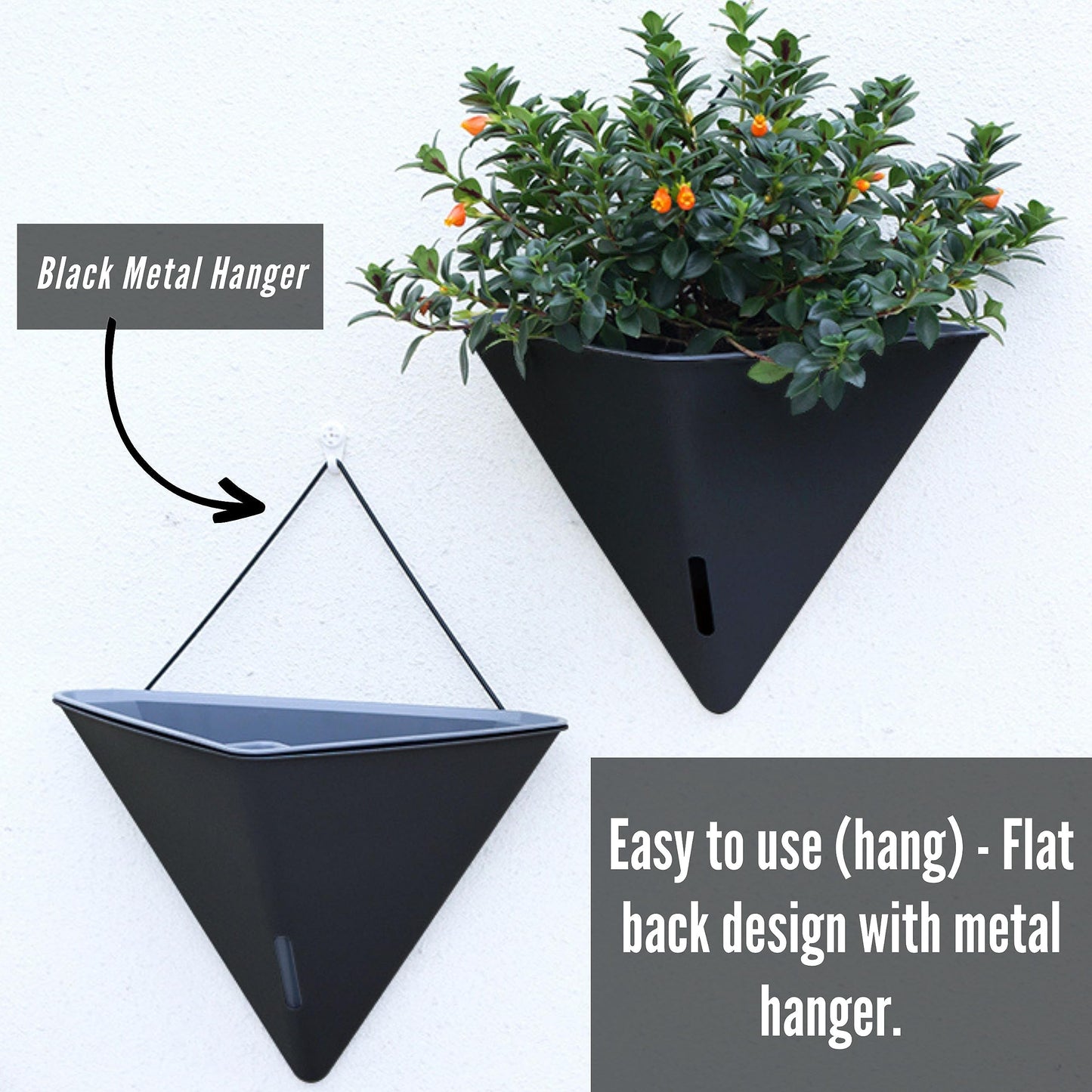 LaLaGreen Bundle - 12" x 4 Pack Black + 12" x 2 Pack Gray Large Self Watering Geometric Hanging Flower Vase Vessel with Metal Hanger, Modern Stylish Wall Mounted Succulent Pot Holder Decor