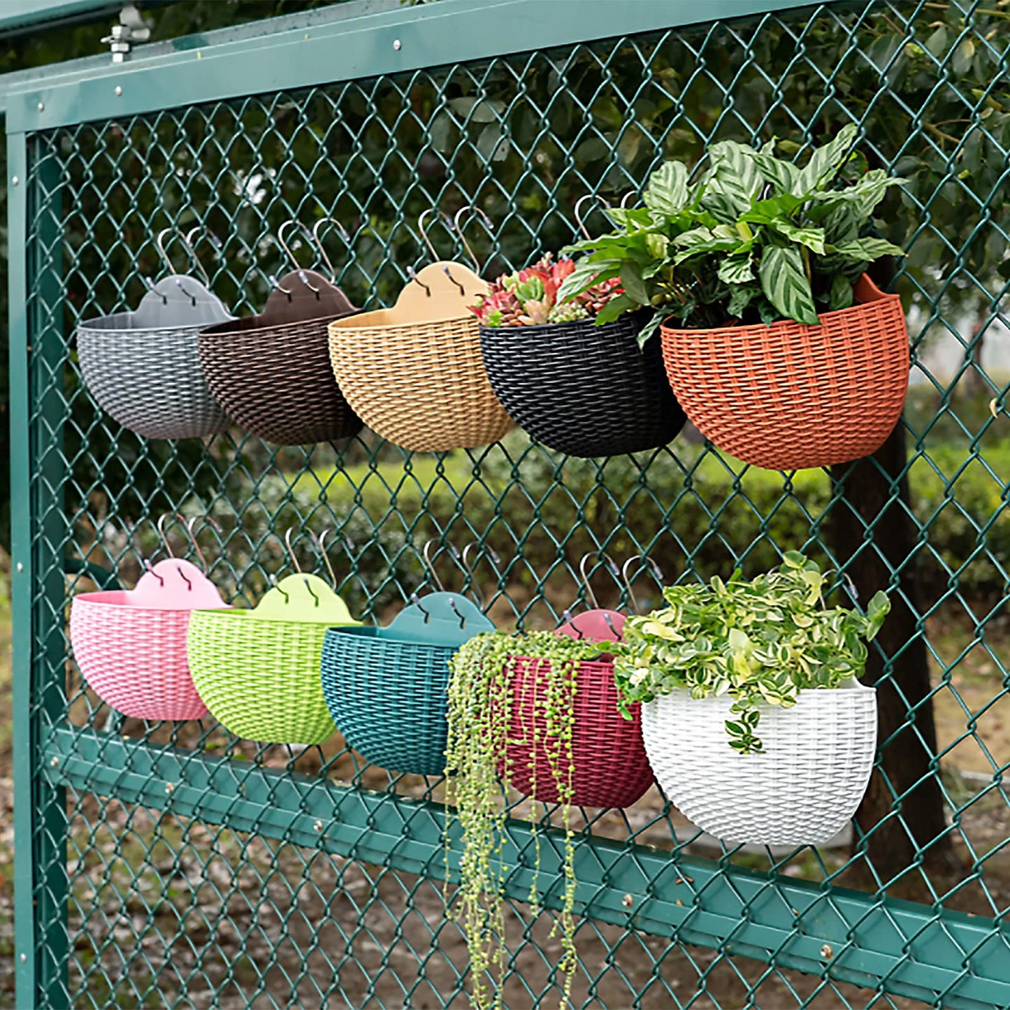 Hanging Planter Pot, Wall and Railing Hanging Planters with S Hooks, Half Round Imitation Rattan European Style Wall Flowerpot Rustic Decorative Flower Basket for Home Balcony Garden(#26*20.5cm Khaki)
