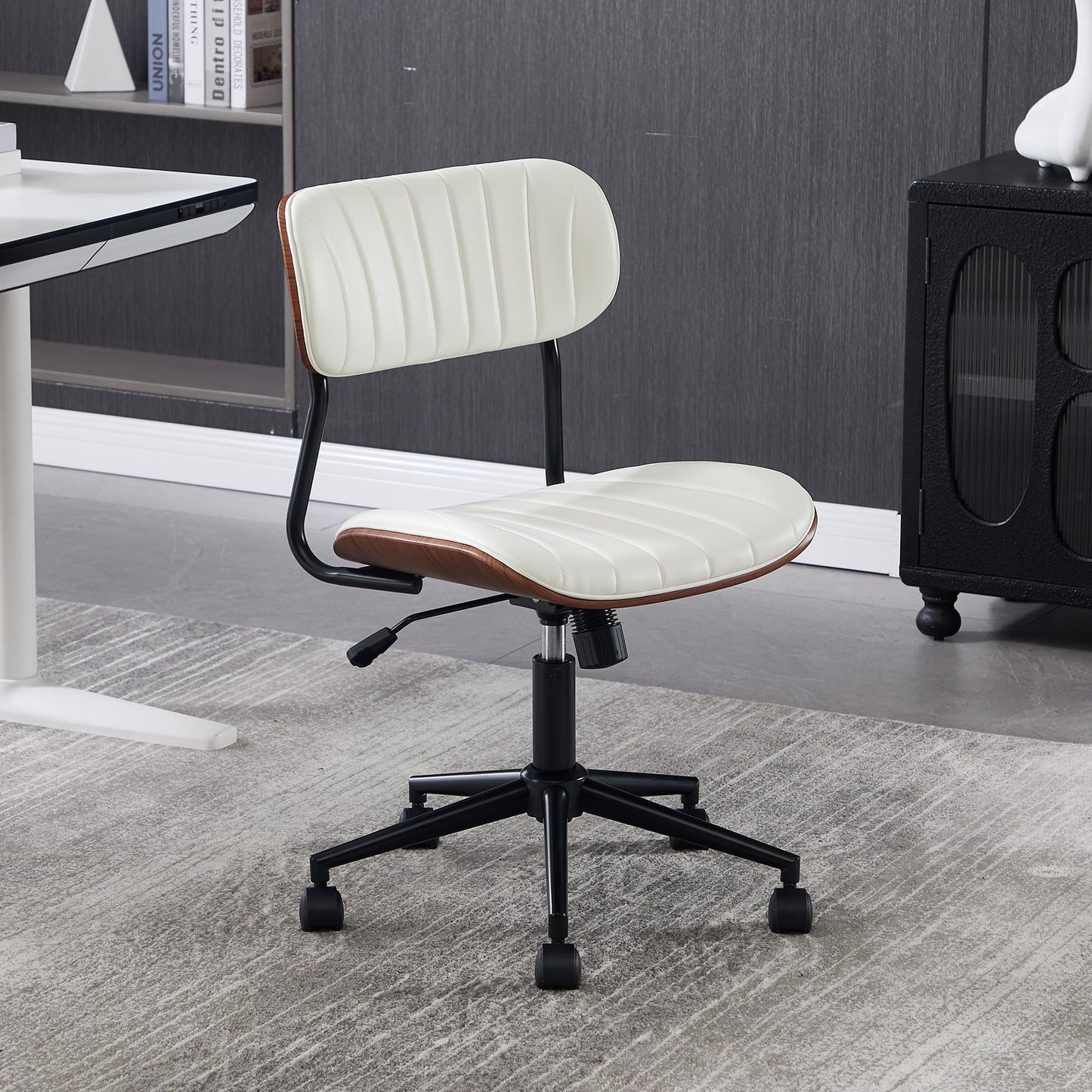 Fashionom Modern Walnut Home Office Chair，Adjustable Height Desk Chair with Wheels，Armless Computer Chair for Office, Reading Meeting Room, White