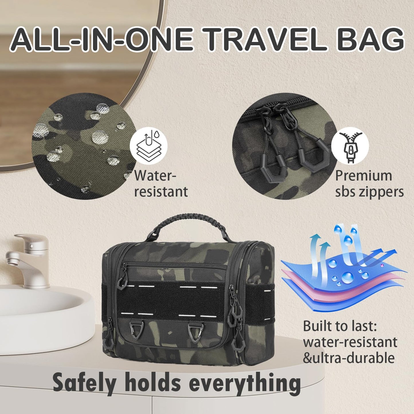 BISKLNDN Tactical Toiletry Bag for Men - Hanging Dropp Kit Mens Toiletry Travel Bag for Toiletries, Traveling & Shaving Kit, Hygiene Bag Shower Bathroom Organizer with Handle & Swivel Hook, Black CM