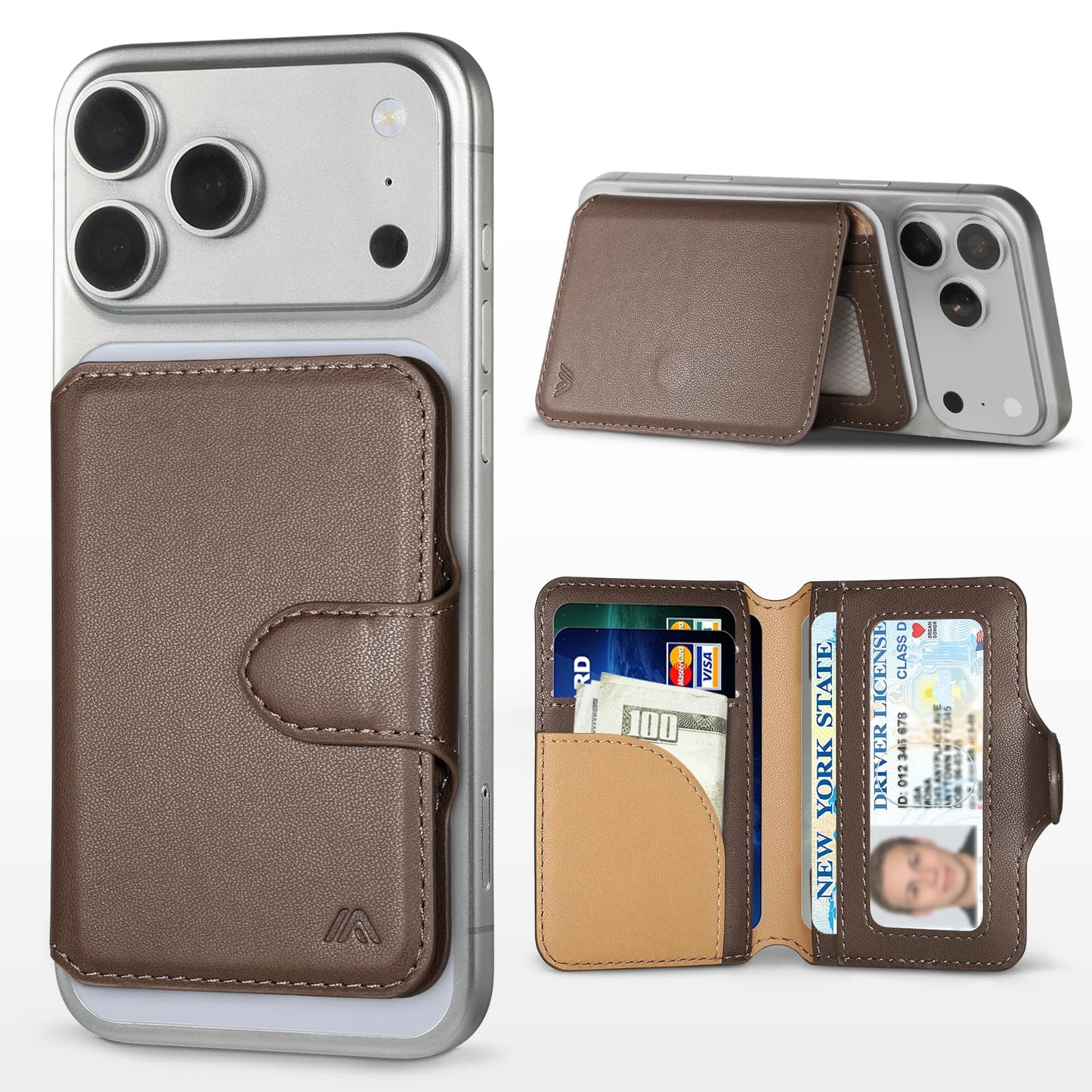 MEFON for MagSafe Wallet, Magnetic Phone Wallet RFID Blocking, Slim 5-8 Card Holder with Cash Slot & Clear ID Window, Minimalist Mag Safe Wallets for iPhone 17/16/15/14/13/12 Series, Mocha Brown