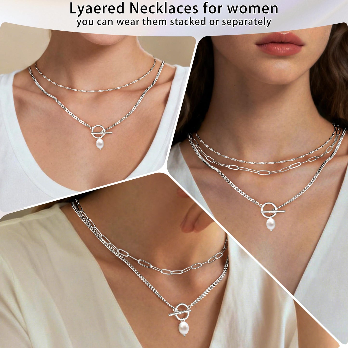 Layered Pearl Toggle Necklaces for Women Dainty Silver Plated Stack Trendy Choker Simple Paperclip Chain Pearl Pendant Toggle Necklace Jewelry Set Gifts for Women
