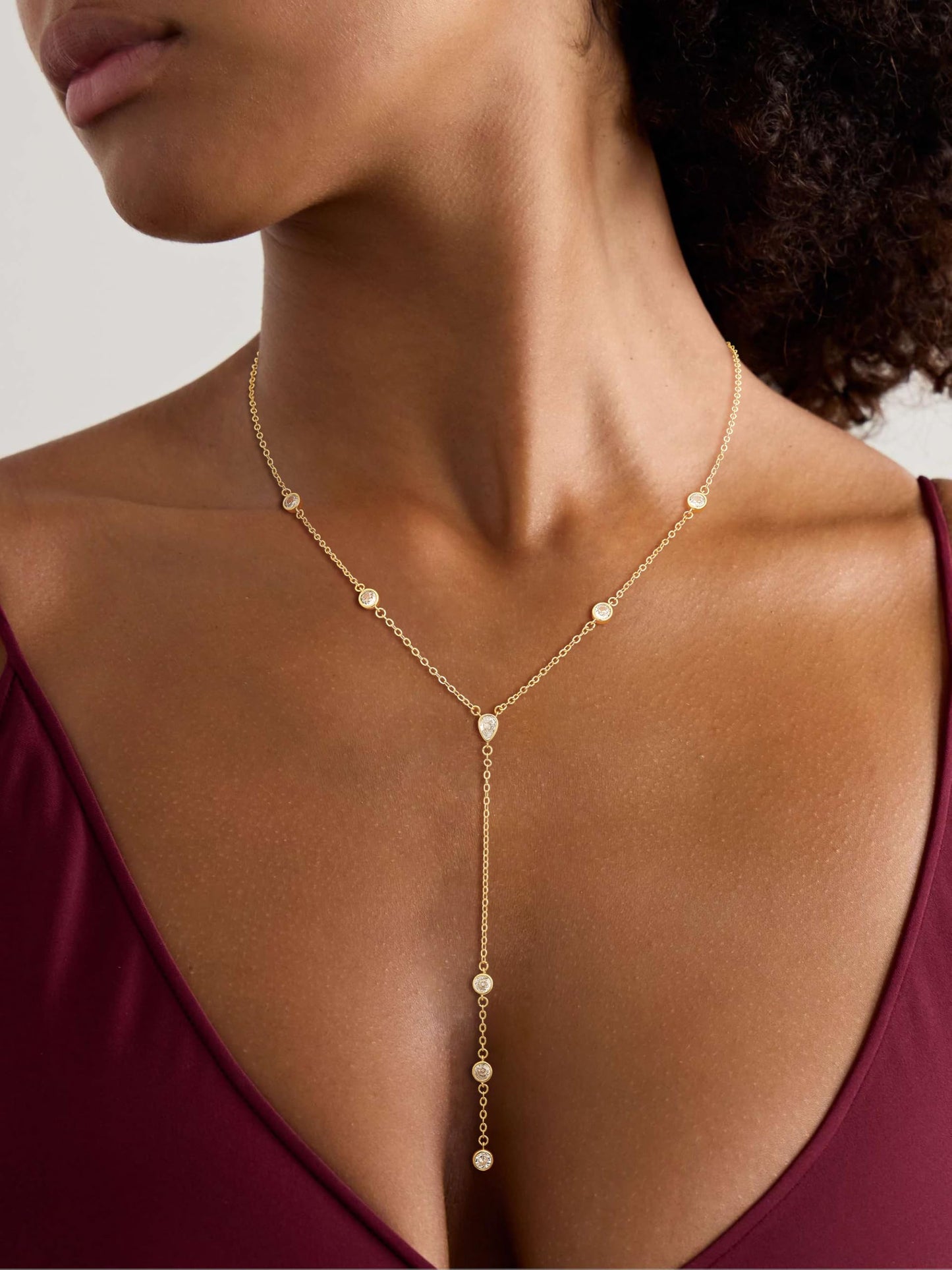 CHESKY Lariat Gold Necklace for Women, Dainty Long Necklace 14k Gold Plated Y-Shaped Pendant Necklace Trendy Layered Waterdrop Cubiz Zircon Drop Necklaces Simple Gold Jewelry for Women Gifts