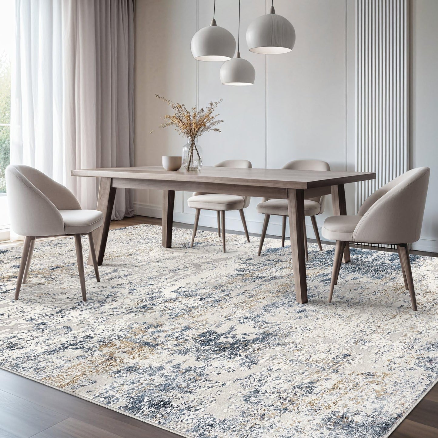 Area Rug Living Room Rugs - 9x12 Abstract Large Soft Indoor Washable Rug Neutral Modern Low Pile Carpet for Bedroom Dining Room Farmhouse Home Office - Beige Blue