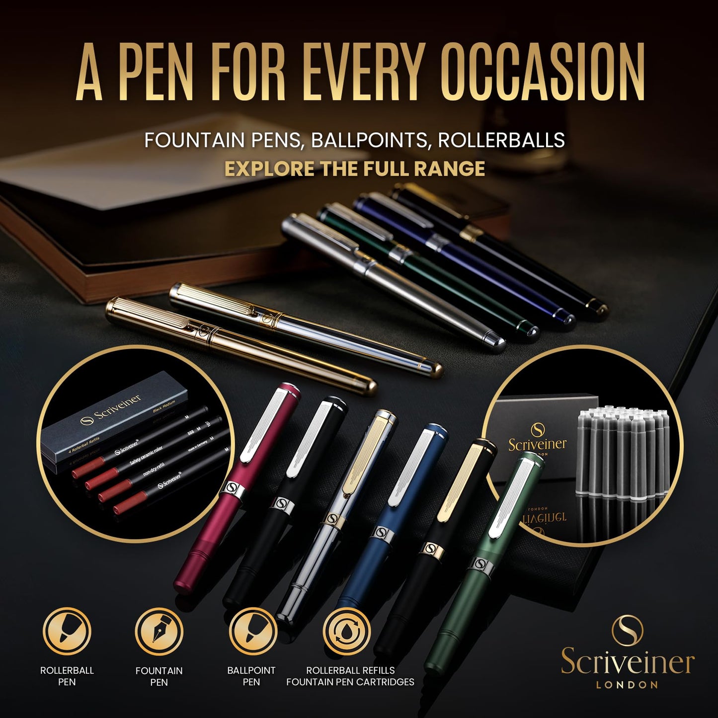 Scriveiner Luxury EDC Fountain Pen (Fine), Stunning Matt Black Pocket Pen, Chrome Finish, Schmidt German Nib, Converter, Best Writing Pen Gift Set for Men & Women, Nice Fancy Office Designer Pen